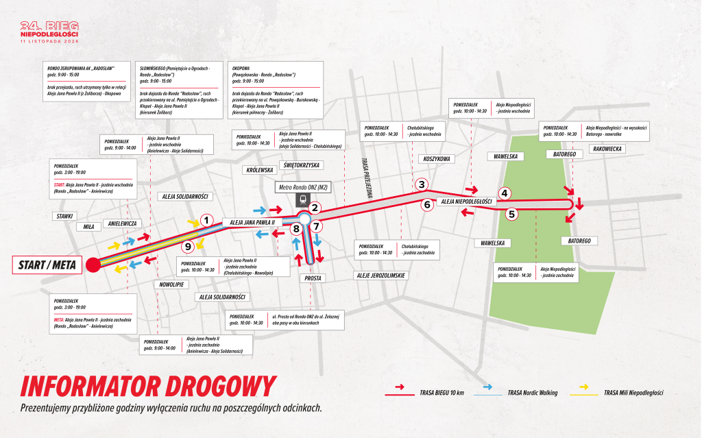 grafika przedstawia trasę 34. Biegu Niepodległości z zaznaczonymi utrudnieniami w ruchu drogowym