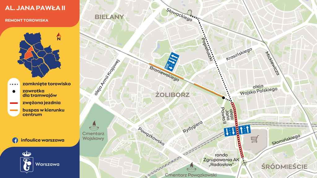 Grafika przedstawia schemat organizacji ruchu w alei Jana Pawła II i ulicy Broniewskiego.