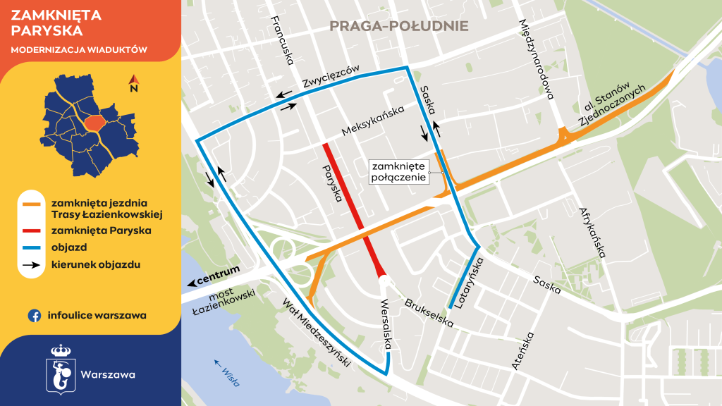 Grafika przedstawia objazdy zamkniętej ulicy Paryskiej. 