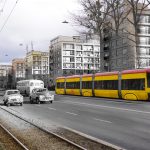 Aleja Waszyngtona w kierunku ronda Wiatraczna, widoczne bloki od numeru 96, widoczne samochody Moskwicz i Warszawa, oraz współczesny tramwaj. Sklejka zdjęć z połowy lat '60 i współczesnego.