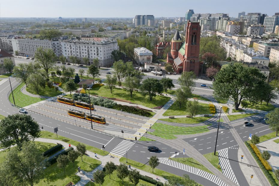 Na wizualizacji przedstawiono docelowy wyglądu Placu Narutowicza po modernizacji. Będzie bardziej zielono - posadzone będą nowe drzewa i krzewy. Tory będą w części pokryte rozchodnikiem.