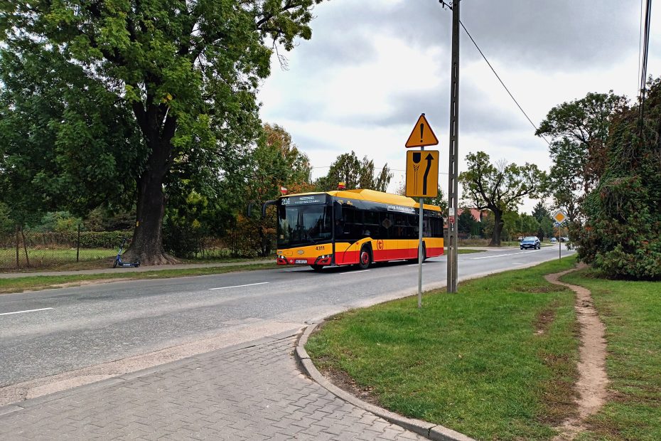 Ulica Białołęcka, jedzie autobus linii 204, po lewej stronie duże drzewo