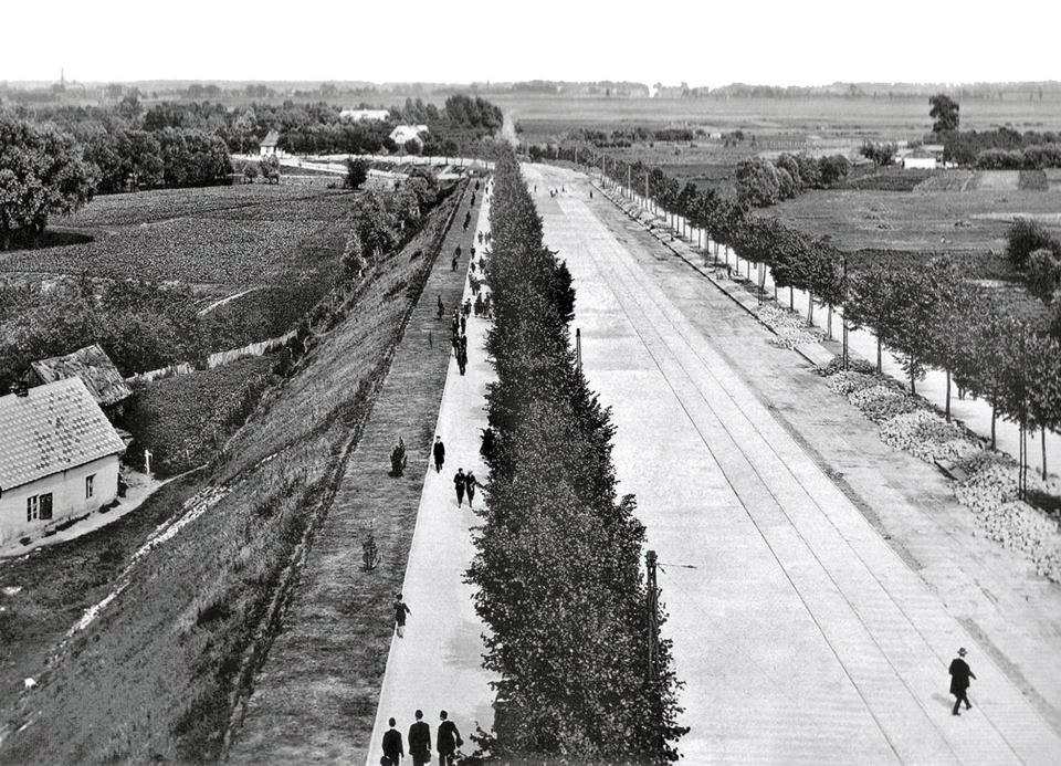 Ponad stuletnie zdjęcie z wieżycy Mostu Poniatowskiego w kierunku parku skaryszewskiego. W oddali park, bliżej łąki, pola i pojedyncze chałupy.