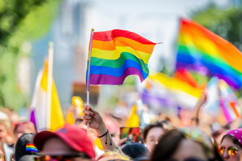 Zdjęcie wykonane podczas Parady Równości w Warszawie w 2025 roku. Na środku zdjęcia widoczna jest tęczową flagę - symbol ruchu LGBTQ+ - trzymana w dłoni. W tle widoczne tęczowe flagi, a u dołu zdjęcia rozmazane twarze grupy uczestników.
