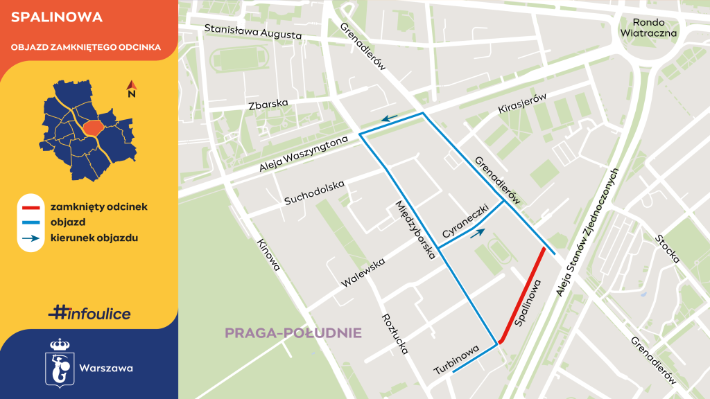 Infografika przedstawia zamknięty fragment ulicy Spalinowej, od Międzyborskiej do Grenadierów. Objazd wyznaczono ulicami: Grenadierów, Aleją Waszyngtona i Międzyborską lub Międzyborską, Cyrenaczki do Grenadierów.
